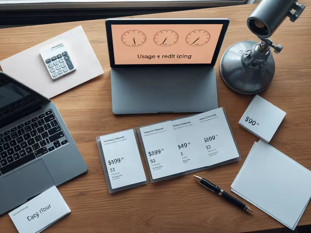 Prix et crédits dans cet avis sur 1min.ai, présentés sur un espace de travail.