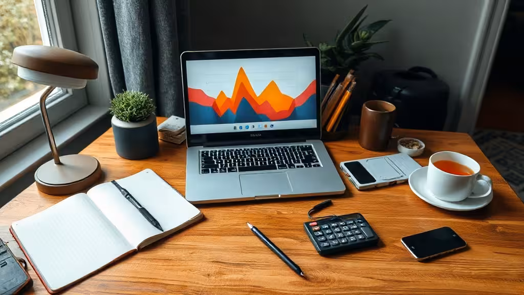 Calculateur budget outils IA créateur sur un bureau de travail organisé.