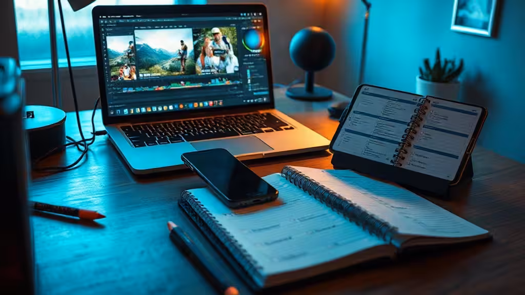 CapCut vs Canva : poste de travail avec ordinateur, smartphone et carnet pour comparer les outils vidéo
