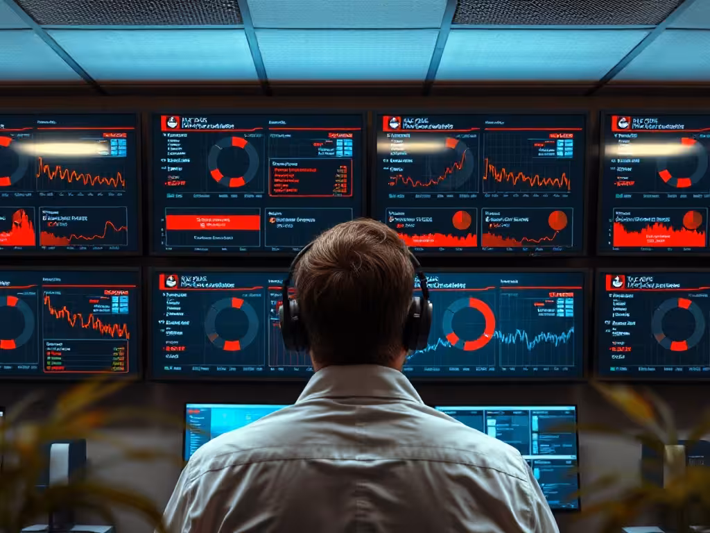 Centre IT en gestion d'incidents multiples sur écrans de surveillance avec alertes système.
