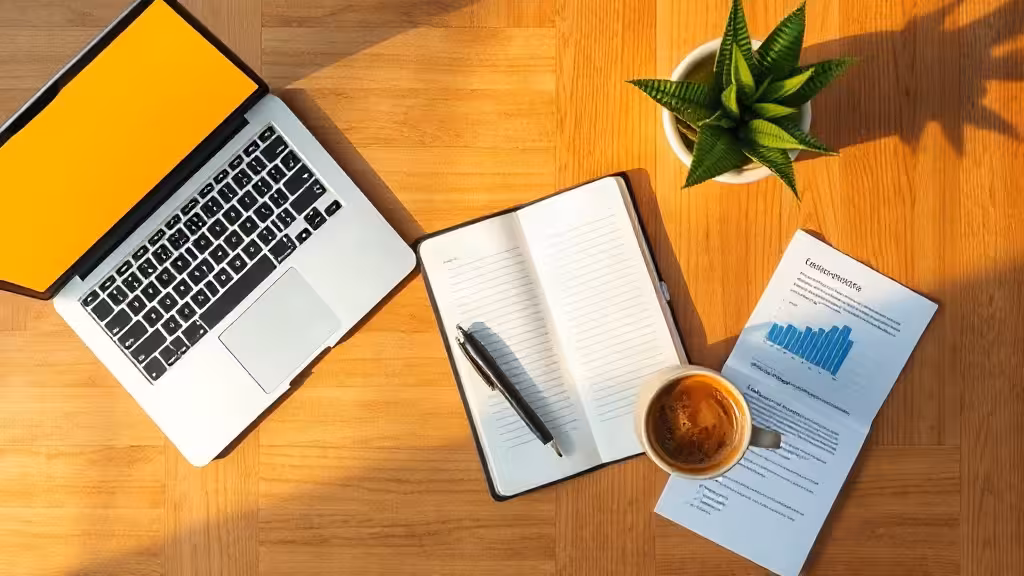 Espace de travail minimaliste d'entrepreneur avec ordinateur et café, symbolisant la stratégie tarifaire klubizz