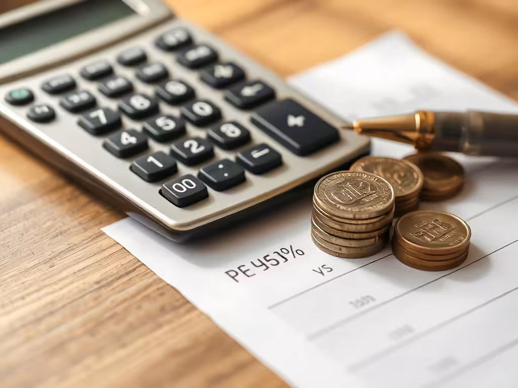 Détail de calcul de commission tarifaire avec calculatrice, pièces et chiffres de pourcentage
