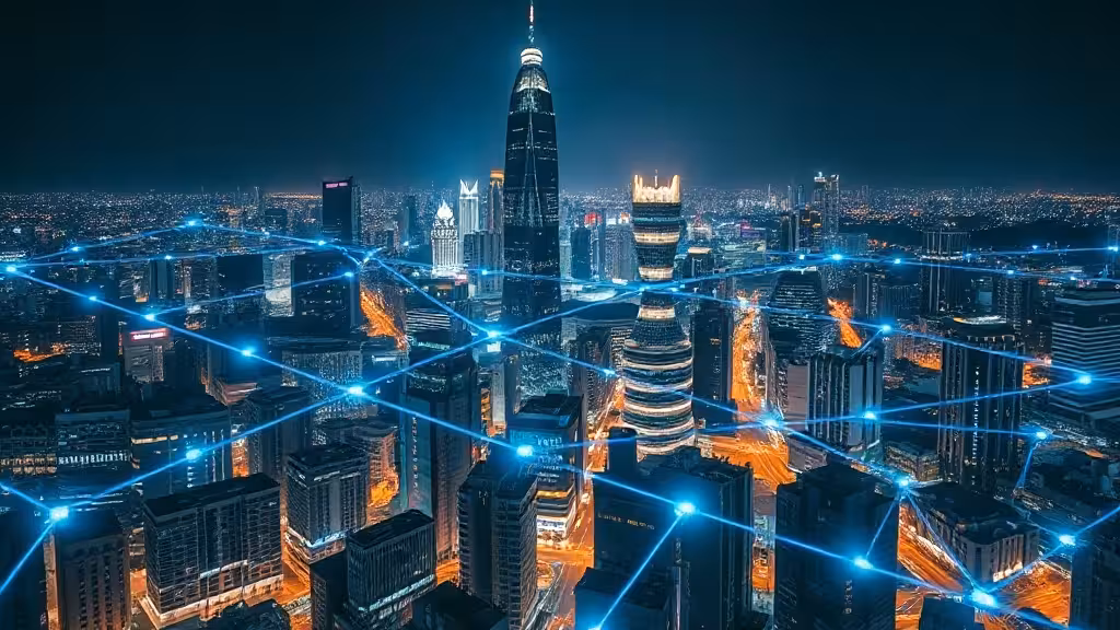 Vue aérienne de Séoul illuminée la nuit, hub technologique avec infrastructure de datacenters et connexions réseau, représentant les proxies coréens