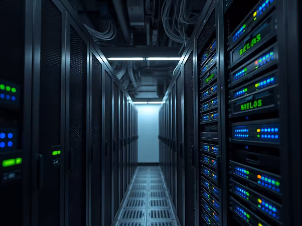Intérieur de datacenter avec rangées de serveurs, câbles réseau et indicateurs LED, infrastructure robuste des proxies coréens