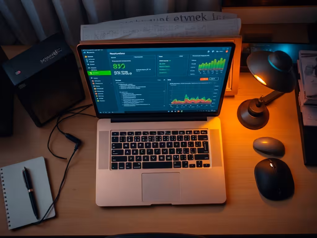 Poste de travail avec tableau de bord de monitoring de proxy coréen, configuration et gestion technique de connexions réseau