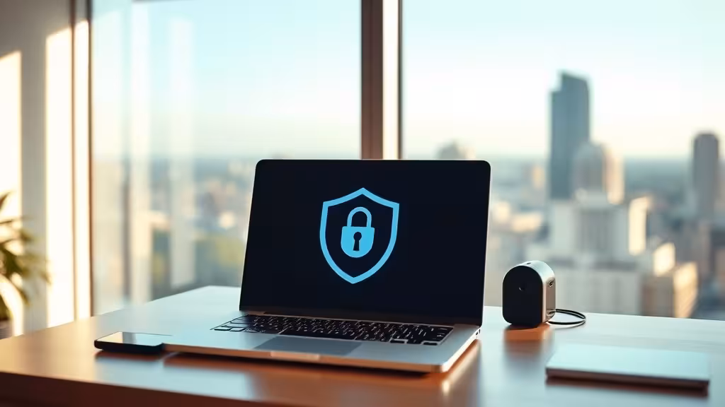 Bureau moderne avec ordinateur portable affichant un indicateur VPN actif et un symbole de cadenas, lumière naturelle