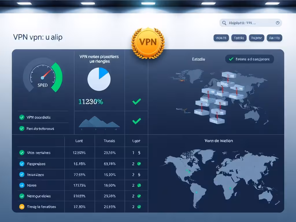 Écran affichant un tableau de comparaison VPN avec critères de sélection : vitesse, sécurité, localisation serveurs