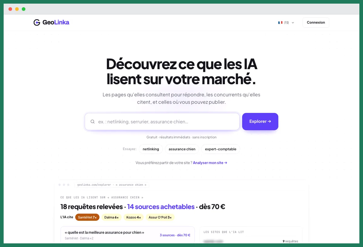 Capture de la page d'accueil de GeoLinka avec son explorateur des pages que les IA lisent sur un marché