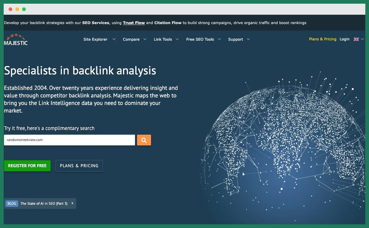 Capture de la page d'accueil de Majestic, spécialiste de l'analyse de backlinks