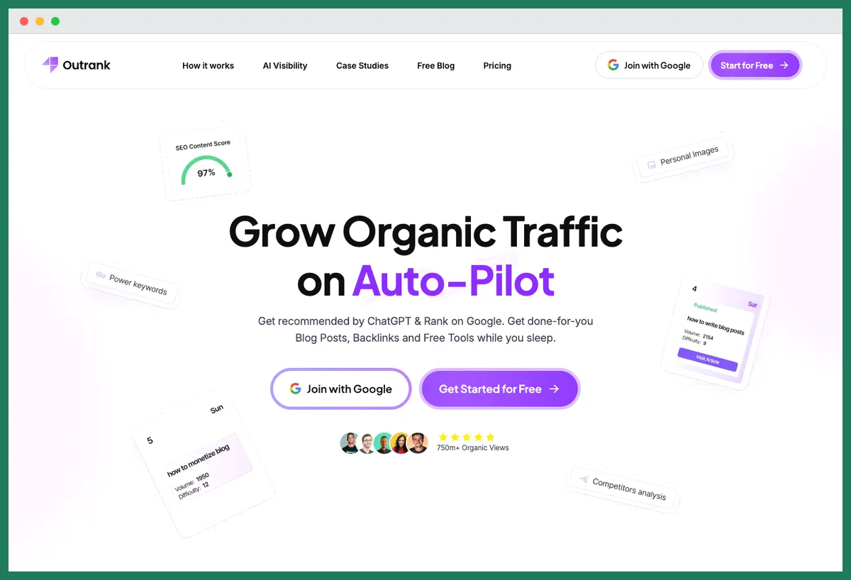 Capture de la page d'accueil d'Outrank, outil de rédaction et de publication d'articles SEO en pilote automatique
