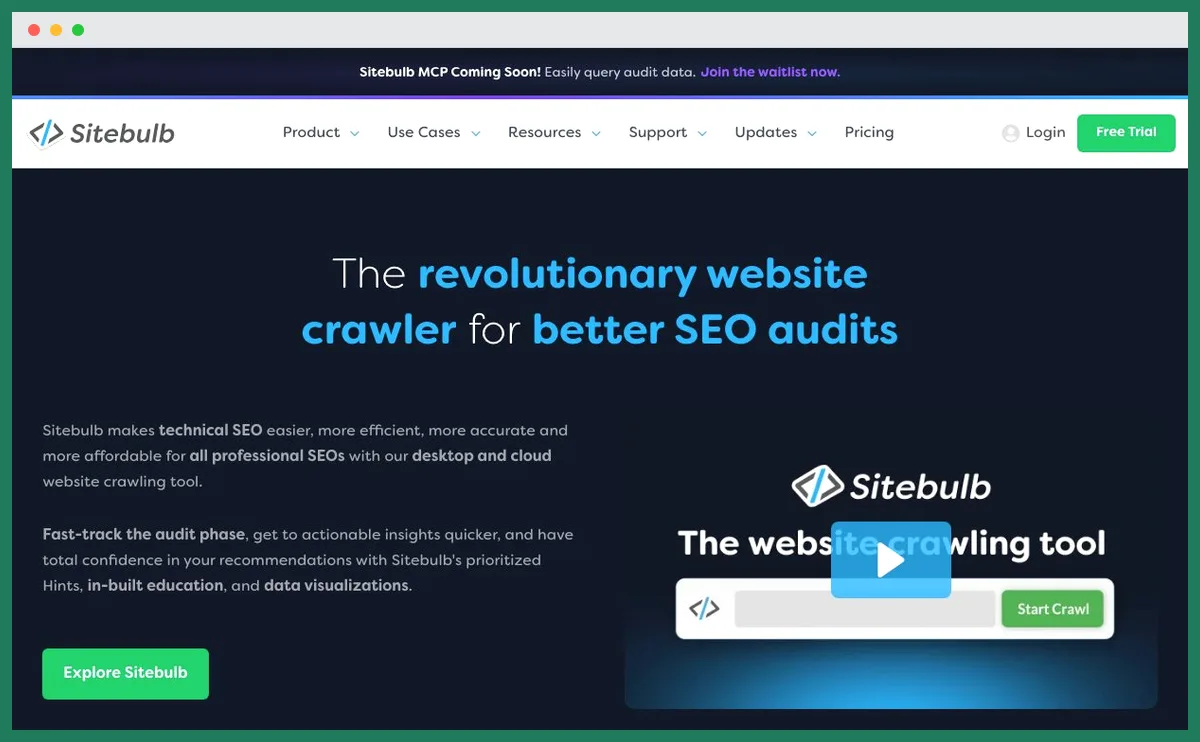 Capture de la page d'accueil de Sitebulb, crawler de site pour les audits SEO techniques