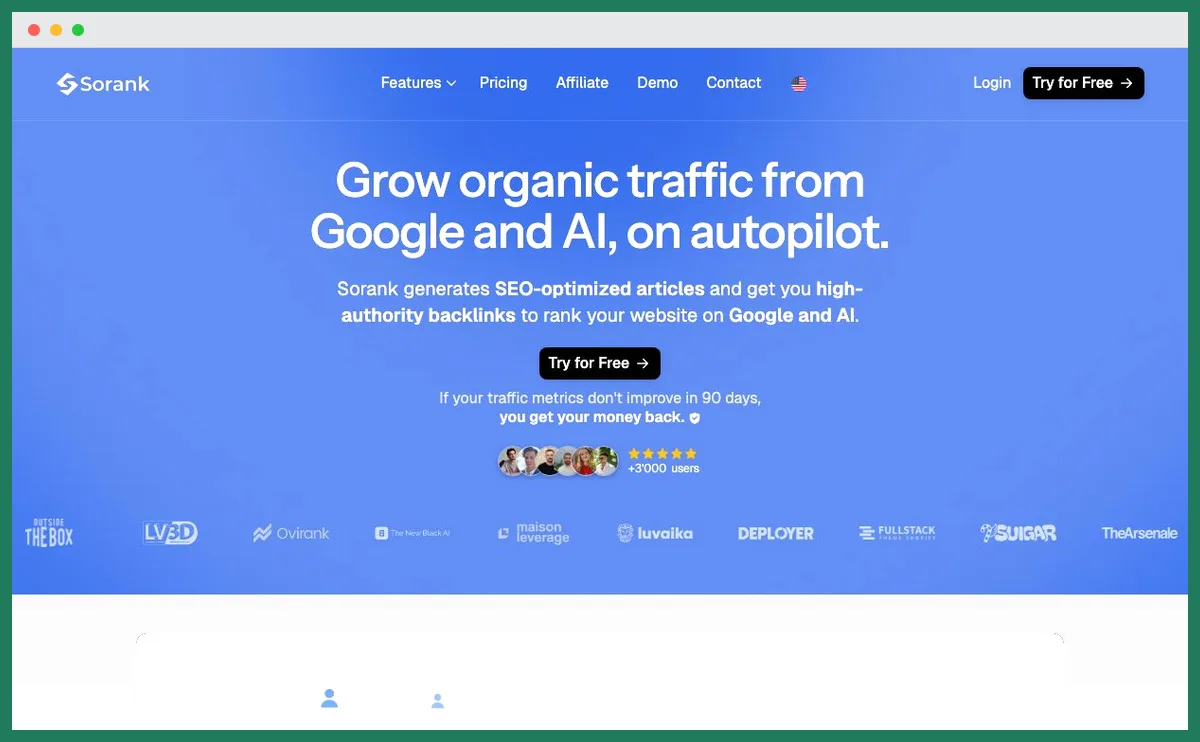 Capture de la page d'accueil de Sorank, plateforme SEO et GEO qui annonce du trafic organique depuis Google et les IA en pilote automatique